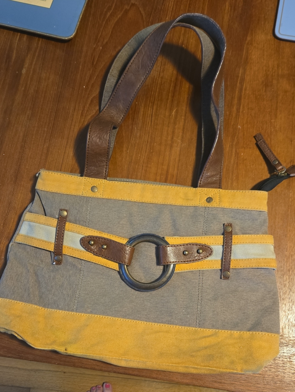 Mona B Yellow and Gray Canvas Shoulder Bag with Brown Trim